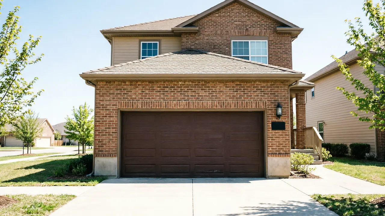 The house has a brown garage door, brick siding, and tan upper siding.