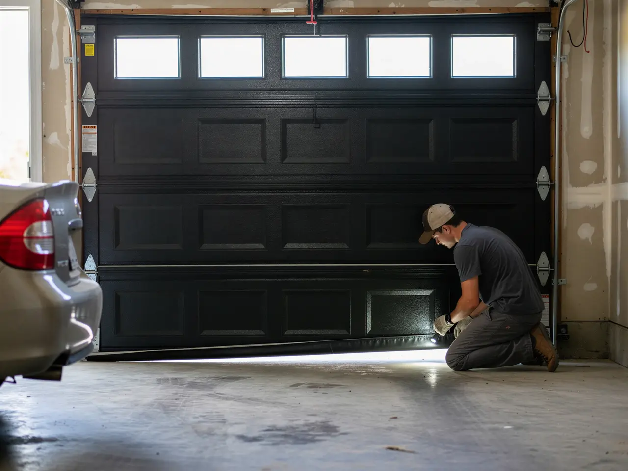 A technician kneels, shining a flashlight on the bottom of a black garage door.