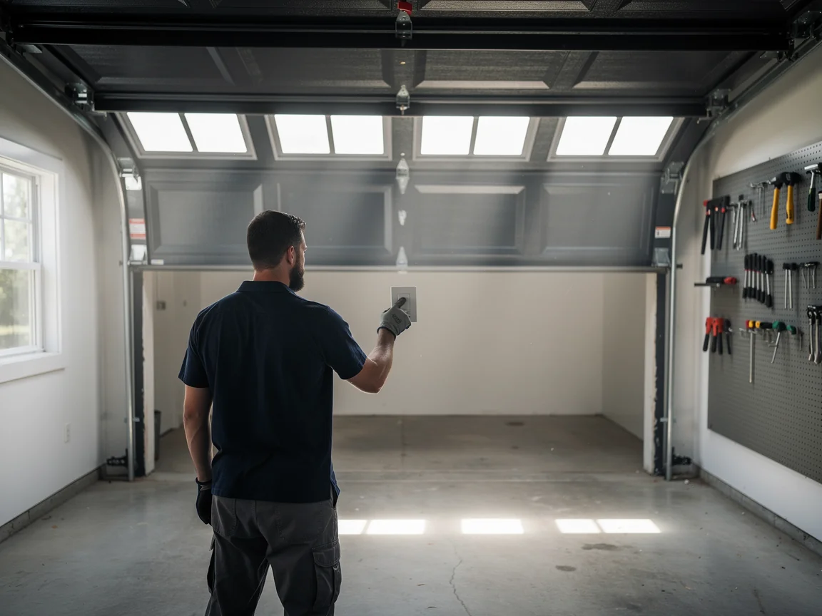 A technician in a blue shirt operates a garage door opener switch.
