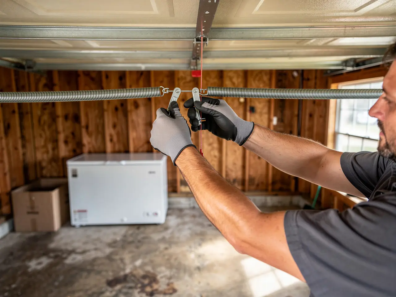 A technician wearing gloves adjusts a garage door extension spring.