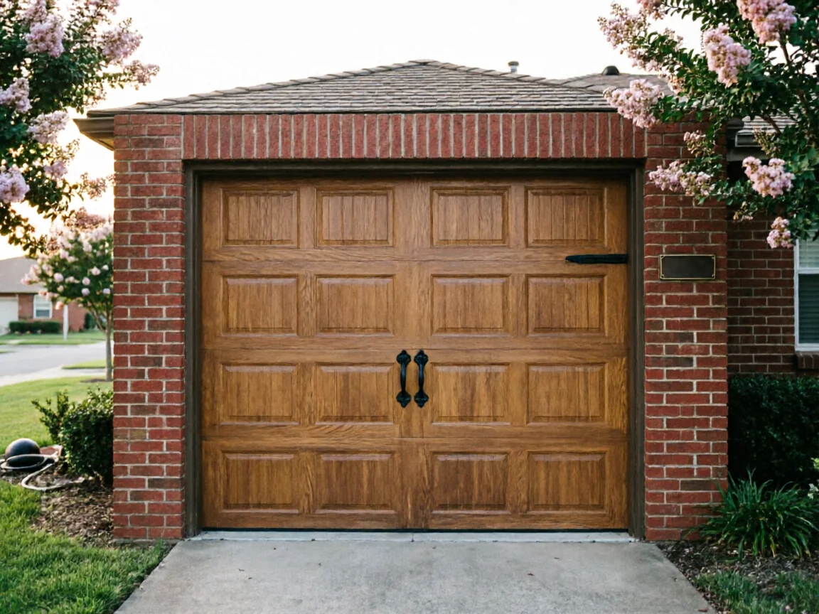 A brown wooden garage door with black handles is set in a brick wall.